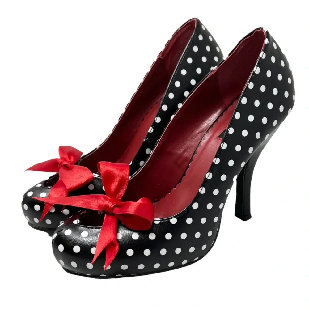 Pinup Couture Cutiepie 06 Heels Size 9 Black Polka Dot Red Bow Heart Cutout Toe - Picture 11 of 11